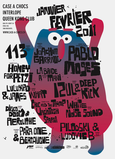 monthly posters for case a chocs with stupid characters and wonky letters